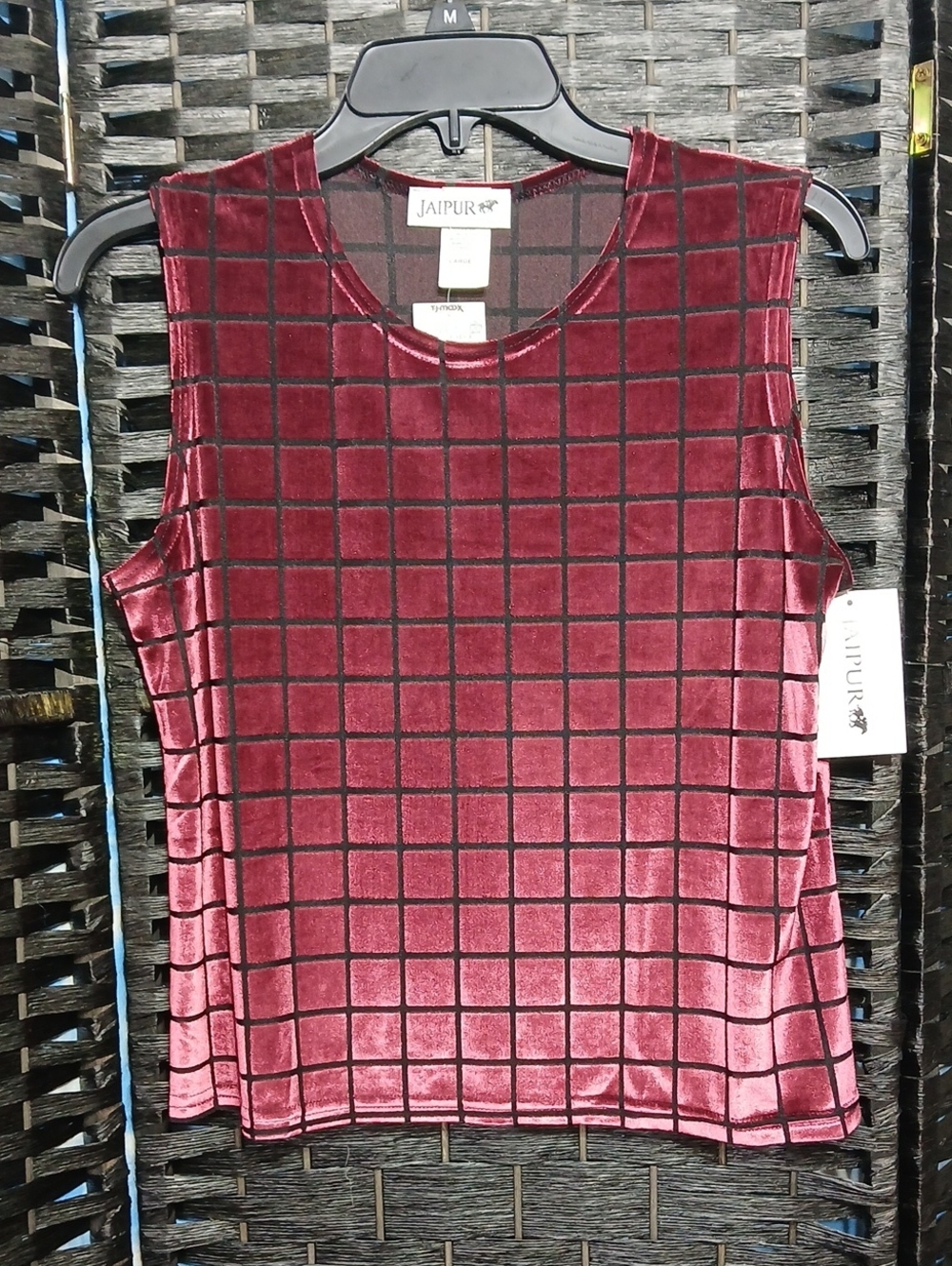 NWT Jaipur Plum Black Velvet Grid-Print Sleeveless Tank Womens SZ L